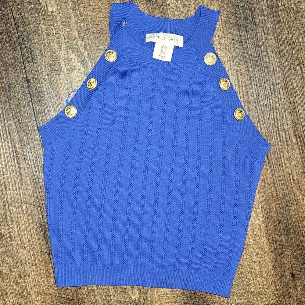 Happily Grey Nautical Blue Knit Top with Gold Buttons